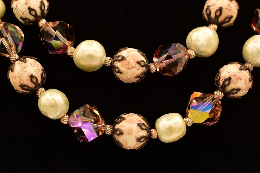 Vendome Vintage Crystal Necklace Collar Layered Pearl Chunky Signed 50s BinBE